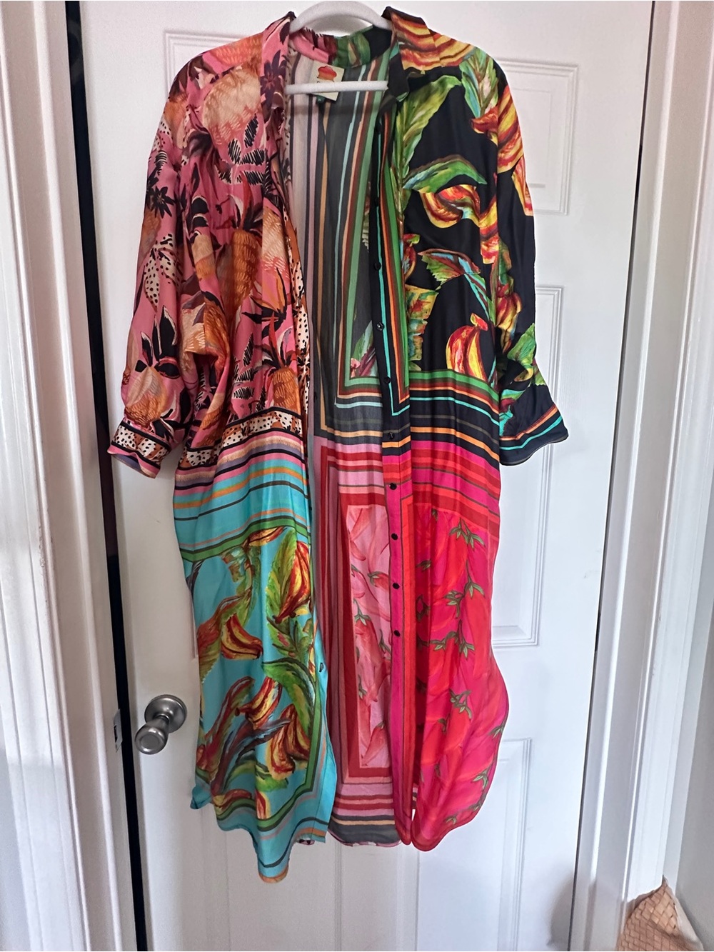 FARM Rio Mixed Scarves Colorful Long Sleeve Button Front Shirtdress
